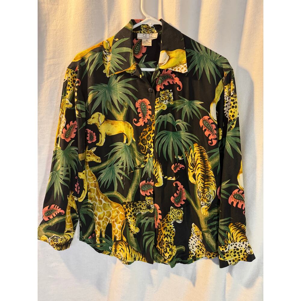 100% Silk,Vintage Animal Print, Woman's Blouse, by FU DA.  Size S.